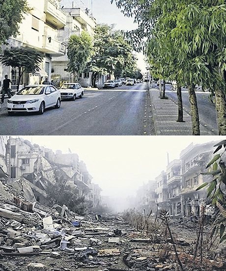 A street in Homs, Syria in 2011 and 2014